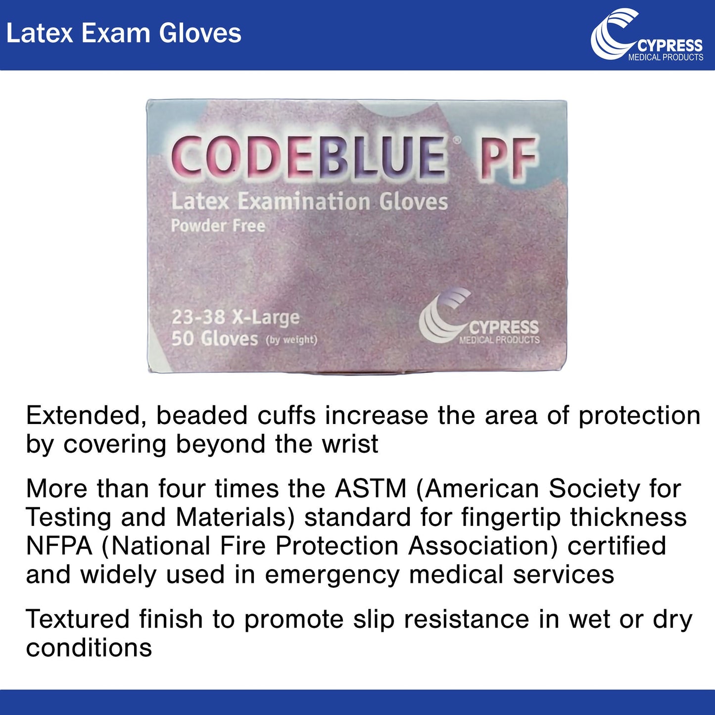 CodeBlue® PF Latex Extended Cuff Length Exam Glove, Extra Large, Blue