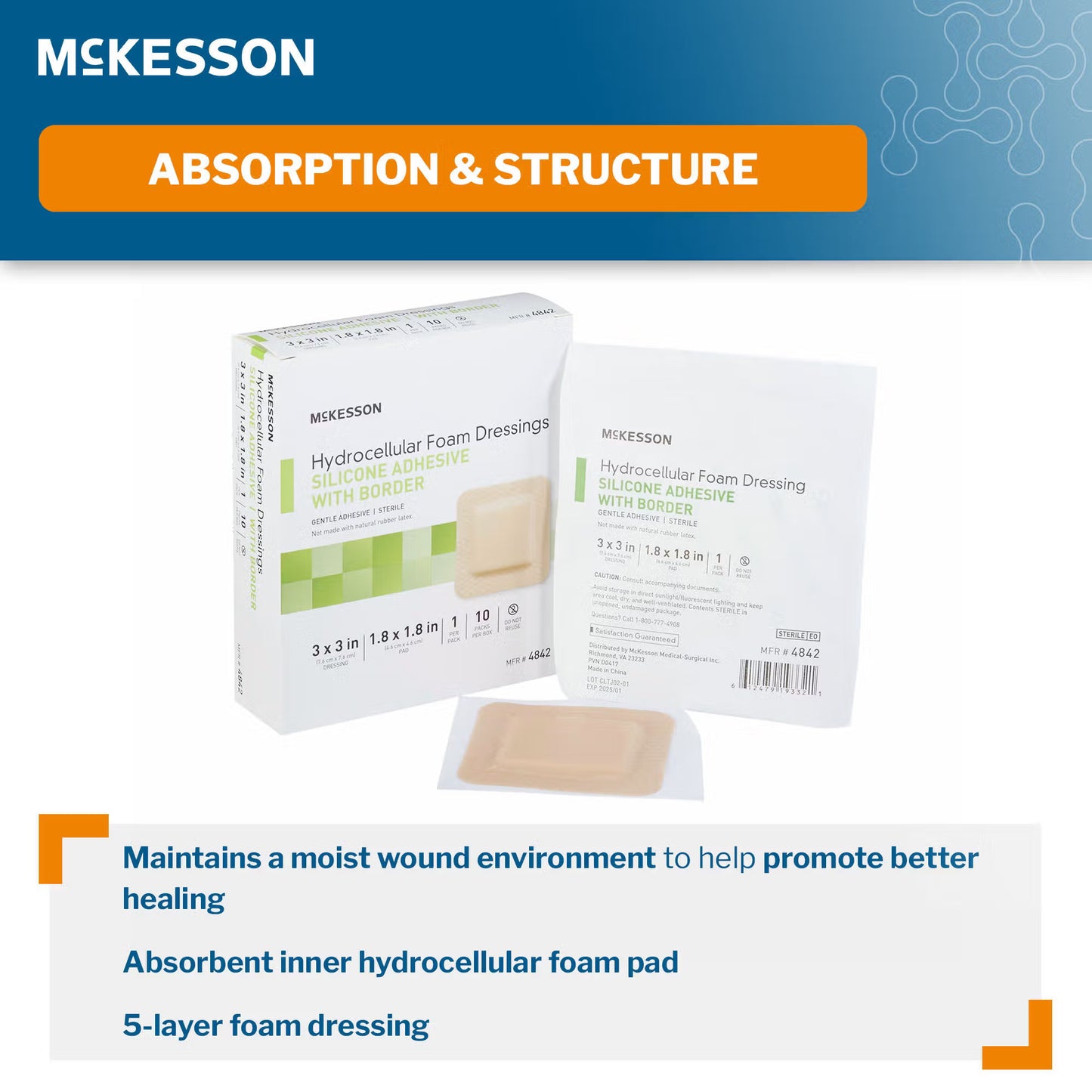 McKesson Silicone Adhesive with Border Silicone Foam Dressing, 3 x 3 Inch