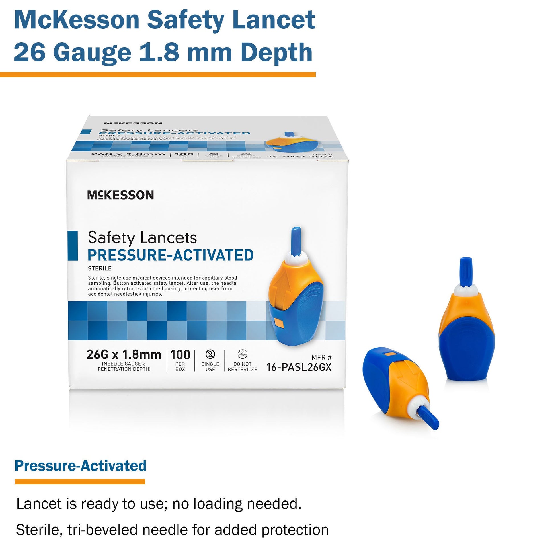 McKesson Pressure Activated Safety Lancets, 26 Gauge, Blue