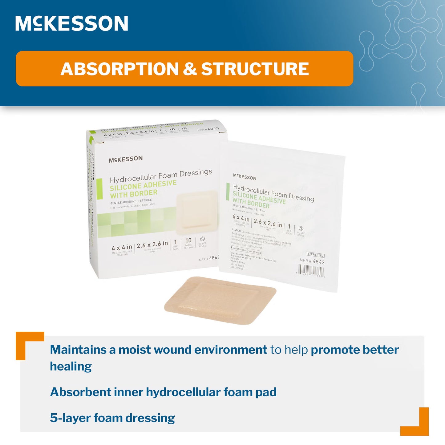 McKesson Silicone Adhesive with Border Silicone Foam Dressing, 4 x 4 Inch