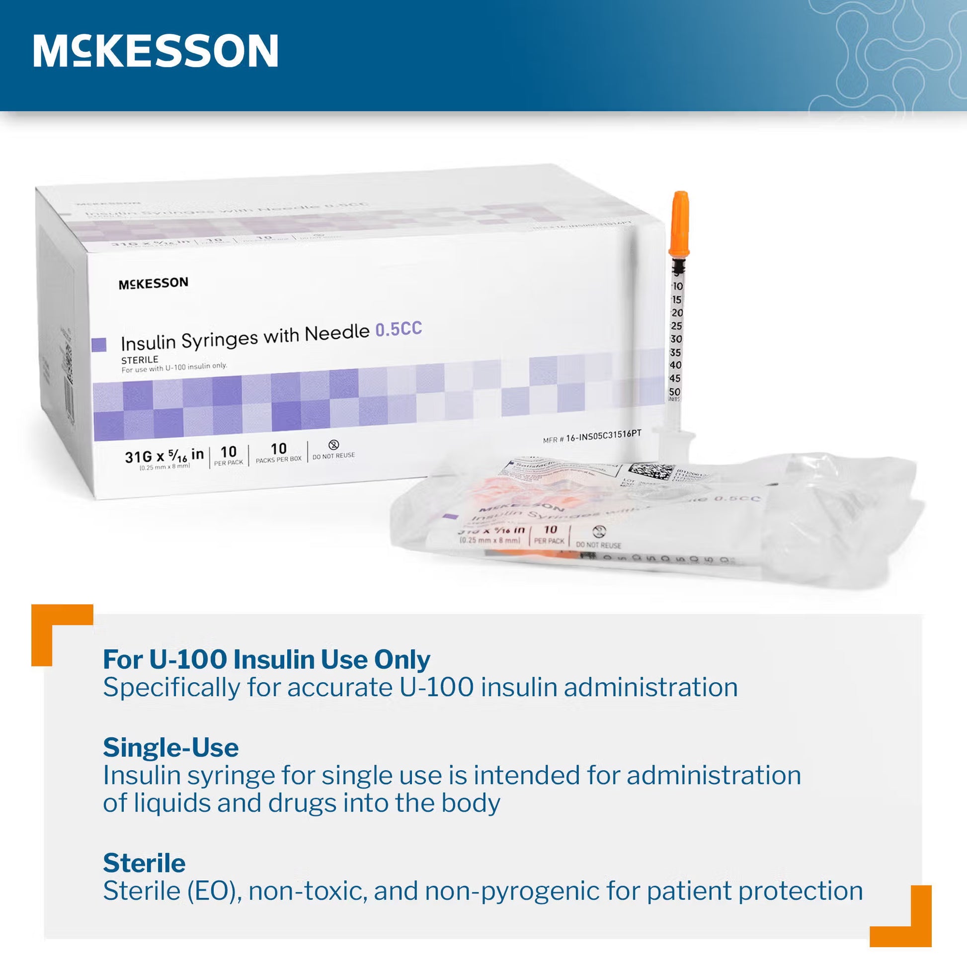 Standard Insulin Syringe with Needle McKesson 0.5 mL 5/16 Inch 31 Gauge NonSafety