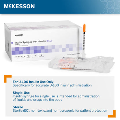 Standard Insulin Syringe with Needle McKesson 0.5 mL 5/16 Inch 31 Gauge NonSafety