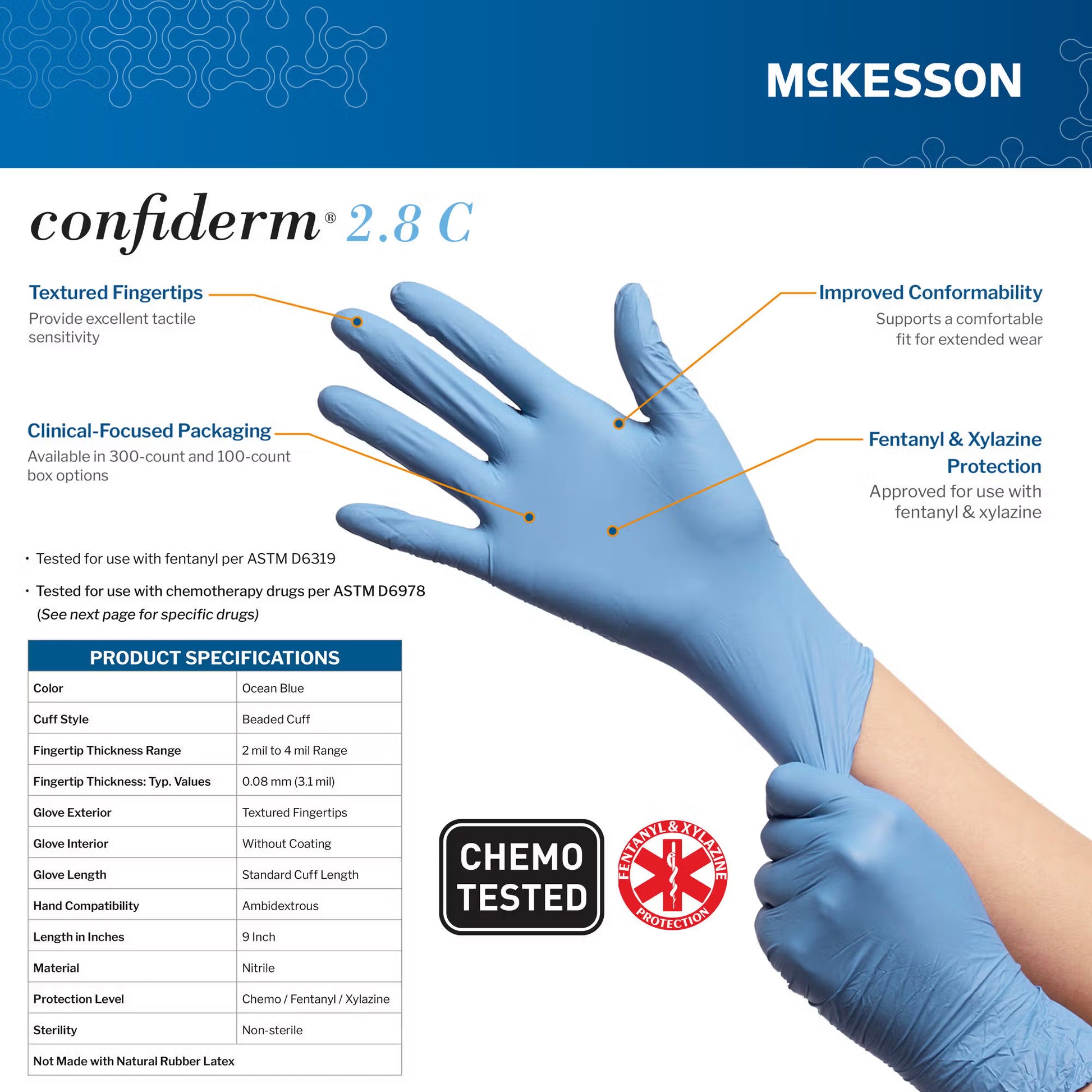 McKesson Confiderm® 2.8C Nitrile Exam Gloves, Medium, Ocean Blue