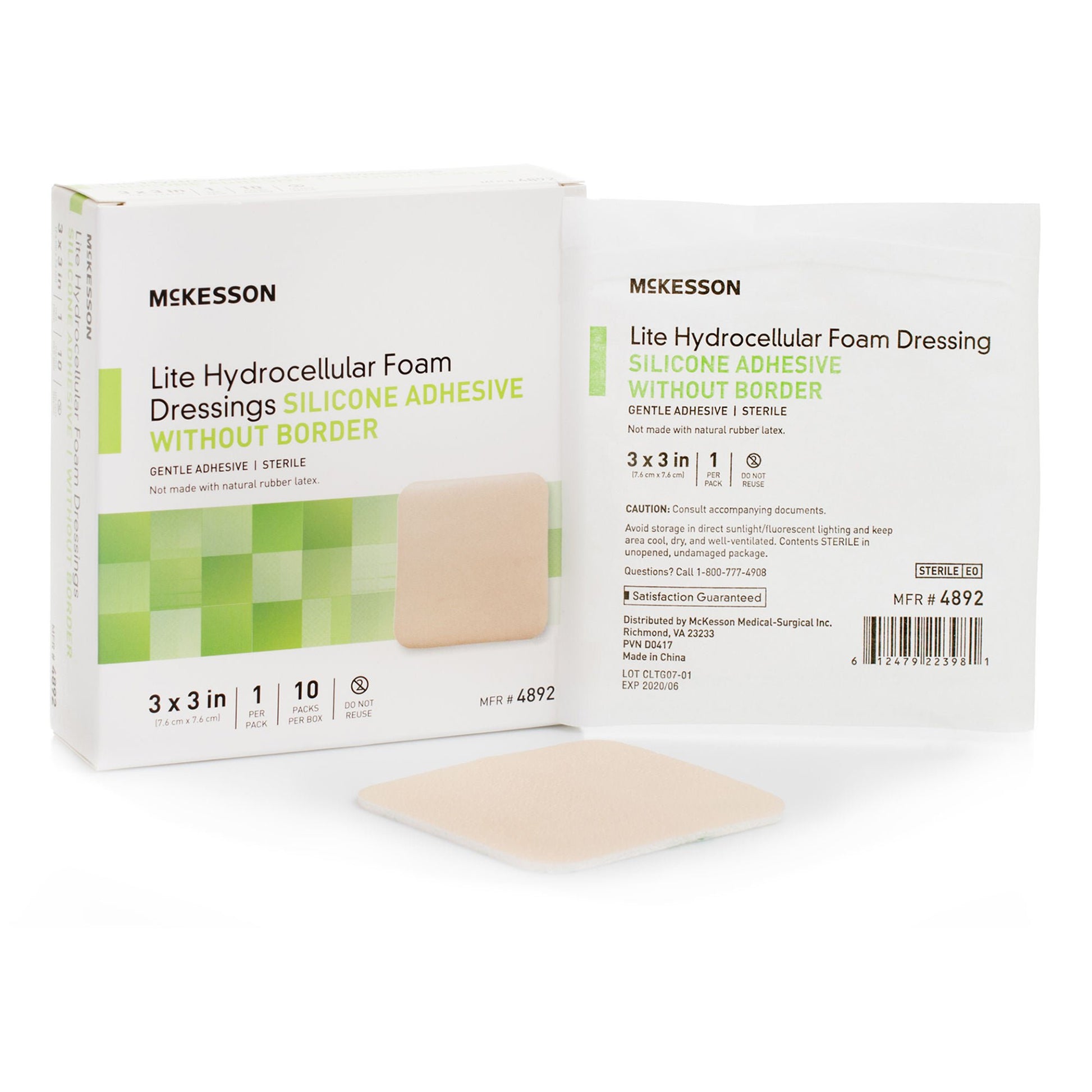 McKesson Lite Hydrocellular Foam Dressing w/ Silicone Adhesive w/o Border, 3 x 3