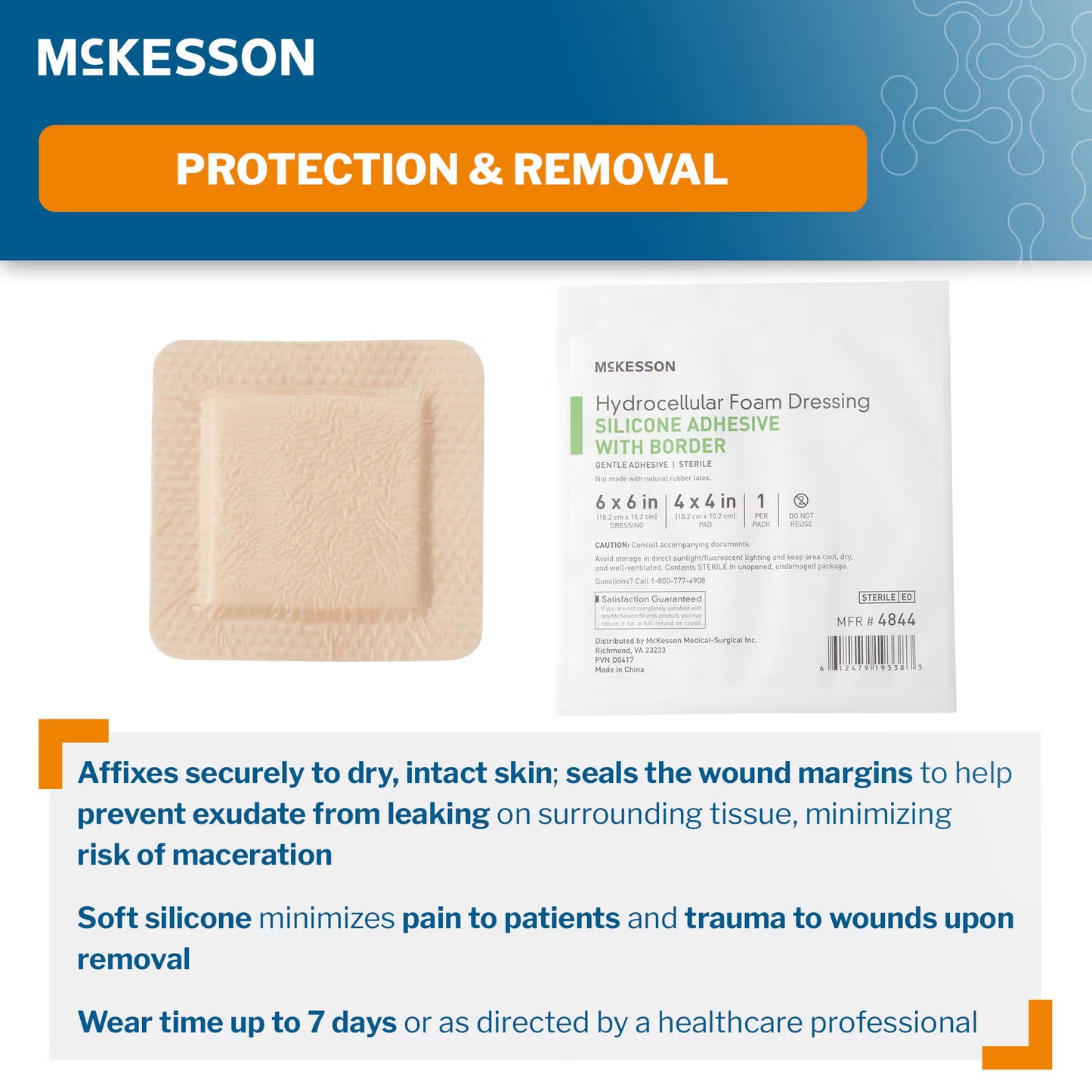 McKesson Silicone Adhesive with Border Silicone Foam Dressing, 6 x 6 Inch