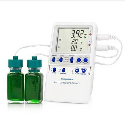 Datalogging Refrigerator / Freezer Thermometer with Alarm Traceable® Excursion-Trac™ Fahrenheit / Celsius -58° to +158°F (-50° to +70°C) 2 Glycol Bottle Probes Multiple Mounting Options Battery Operated