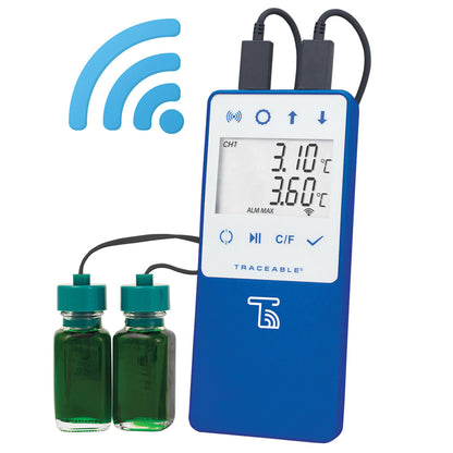 Datalogging Refrigerator / Freezer Thermometer with Alarm TraceableLIVE® Fahrenheit / Celsius -58° to +140°F (-50° to +60°C) 2 Glycol Bottle Probes Multiple Mounting Options Battery Operated