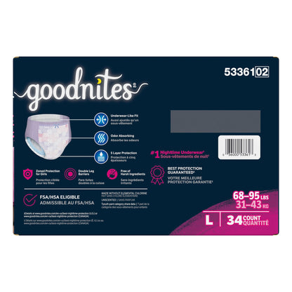 Goodnites® Heavy Absorbency Nighttime Underwear, Large for Girls 68 – 95 lbs.