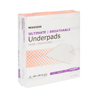 McKesson Ultimate Breathable Underpads, Heavy Absorbency, 30 x 36 Inch, White