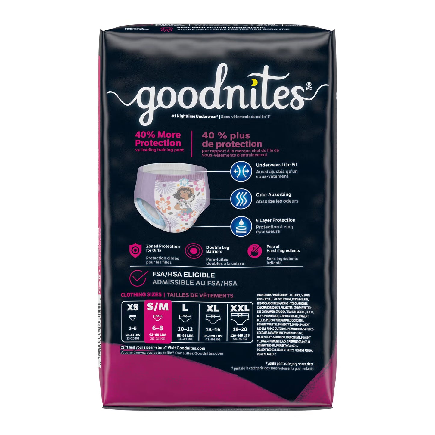 Goodnites® Heavy Absorbency Nighttime Underwear, S/M for Girls 43 – 68 lbs.