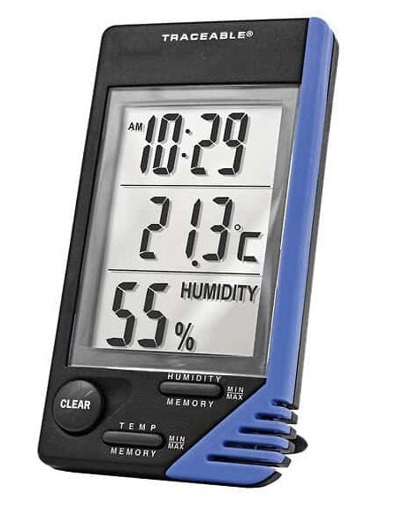 Digital Thermometer / Hygrometer Digi-Sense™ Traceable® Fahrenheit / Celsius 0° to 32°F (0° to 50°C) External Probe Flip-out Stand / Wall Mount Battery Operated