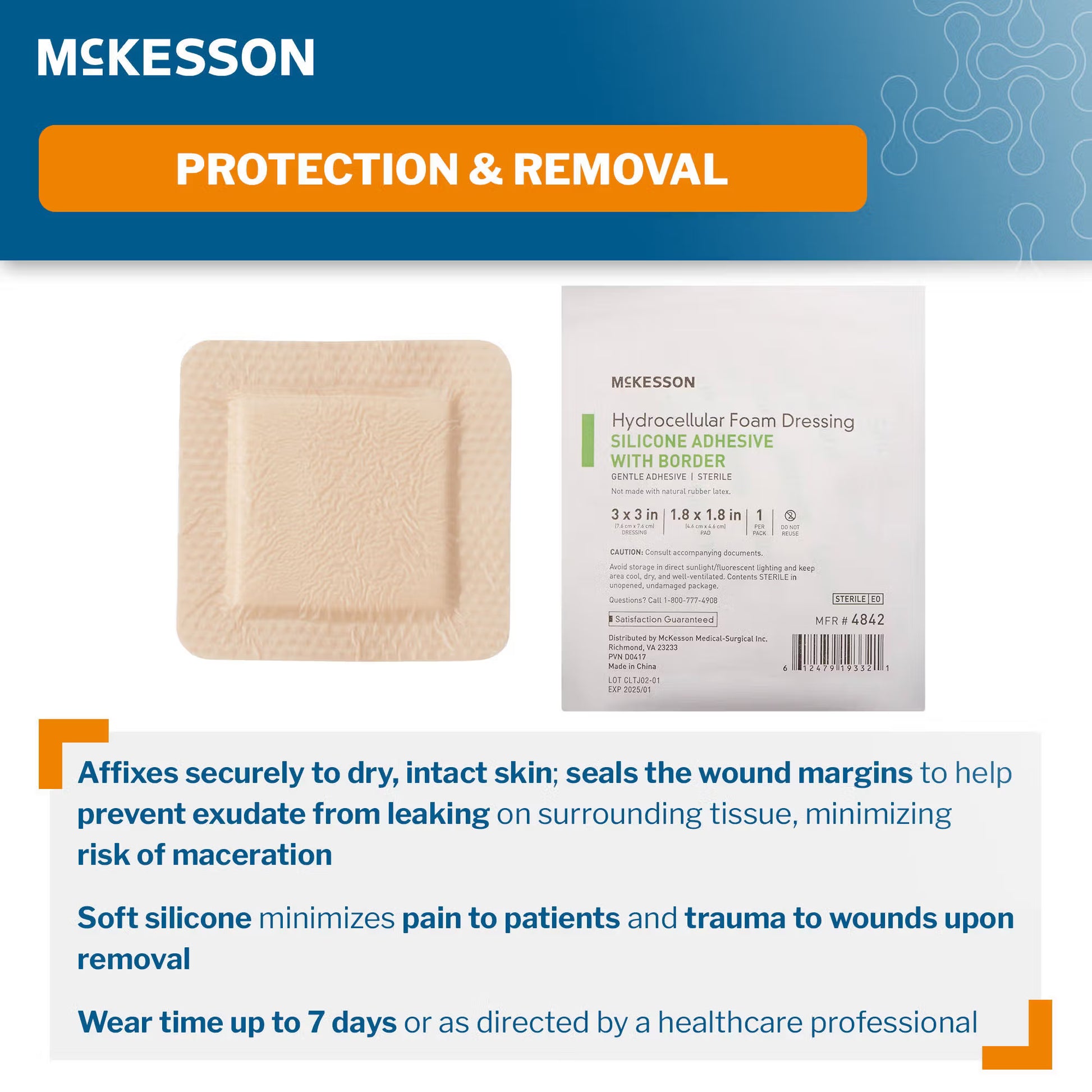 McKesson Silicone Adhesive with Border Silicone Foam Dressing, 3 x 3 Inch