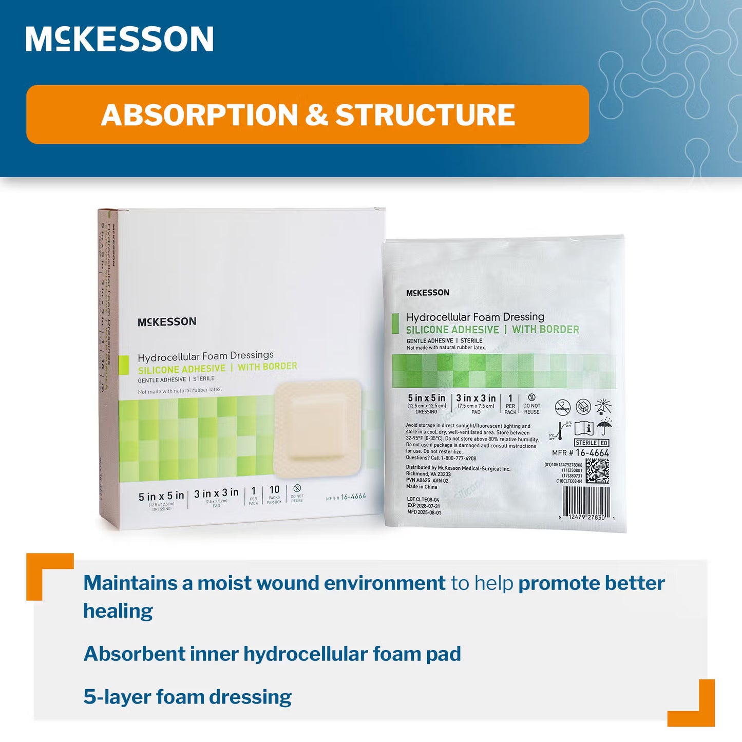 McKesson 5 x 5 Inch Five-Layer Hydrocellular Foam Dressing w/ 2 x 2 Inch Border