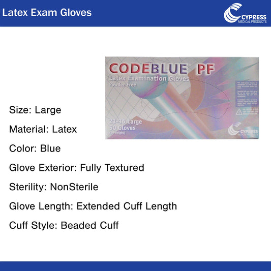 CodeBlue® PF Latex Extended Cuff Length Exam Glove, Large, Blue
