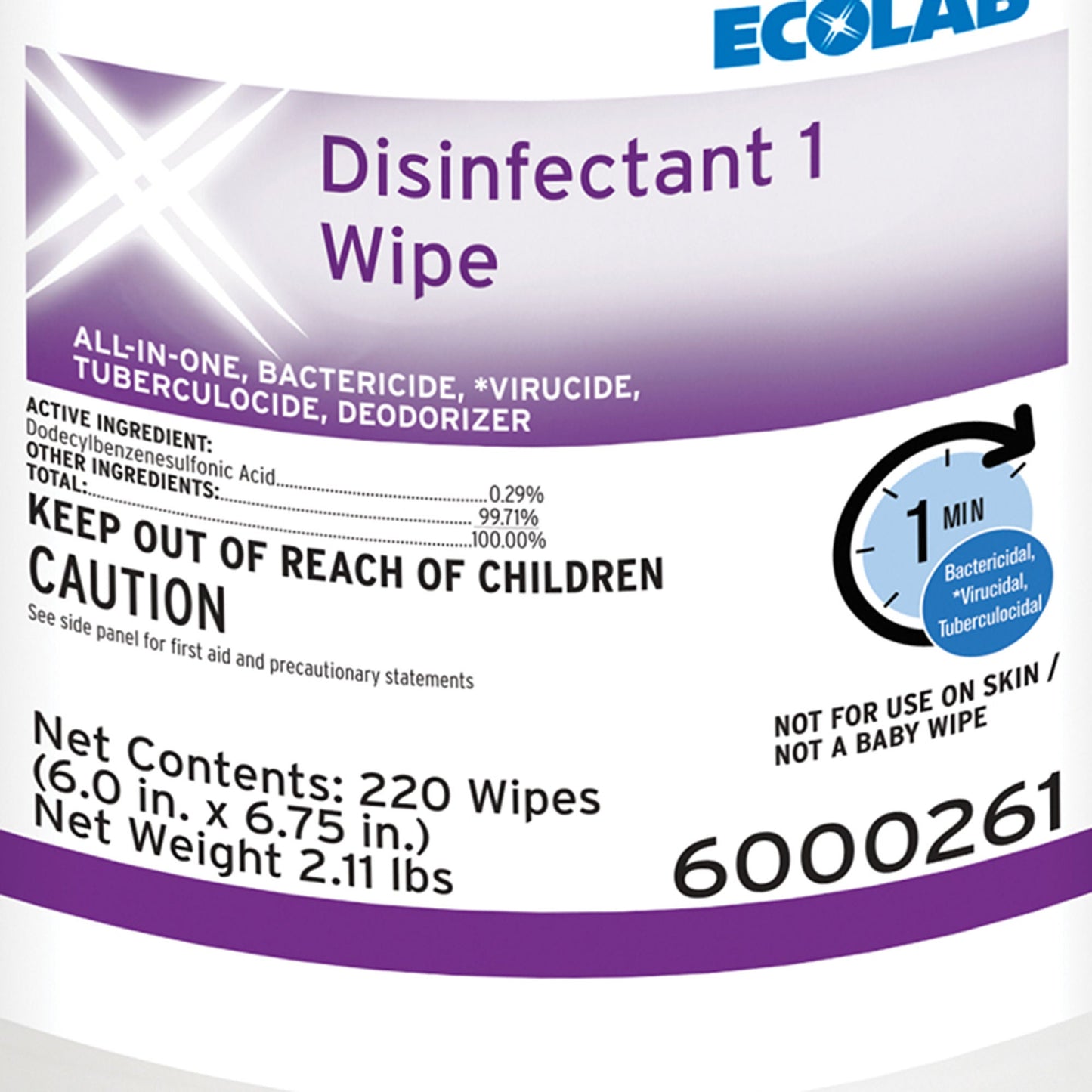 Ecolab Disinfectant 1 Surface Disinfectant Cleaner, 220 Wipes