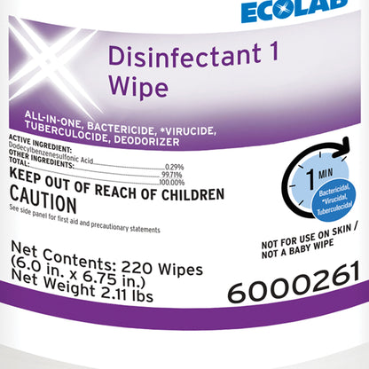 Ecolab Disinfectant 1 Surface Disinfectant Cleaner, 220 Wipes
