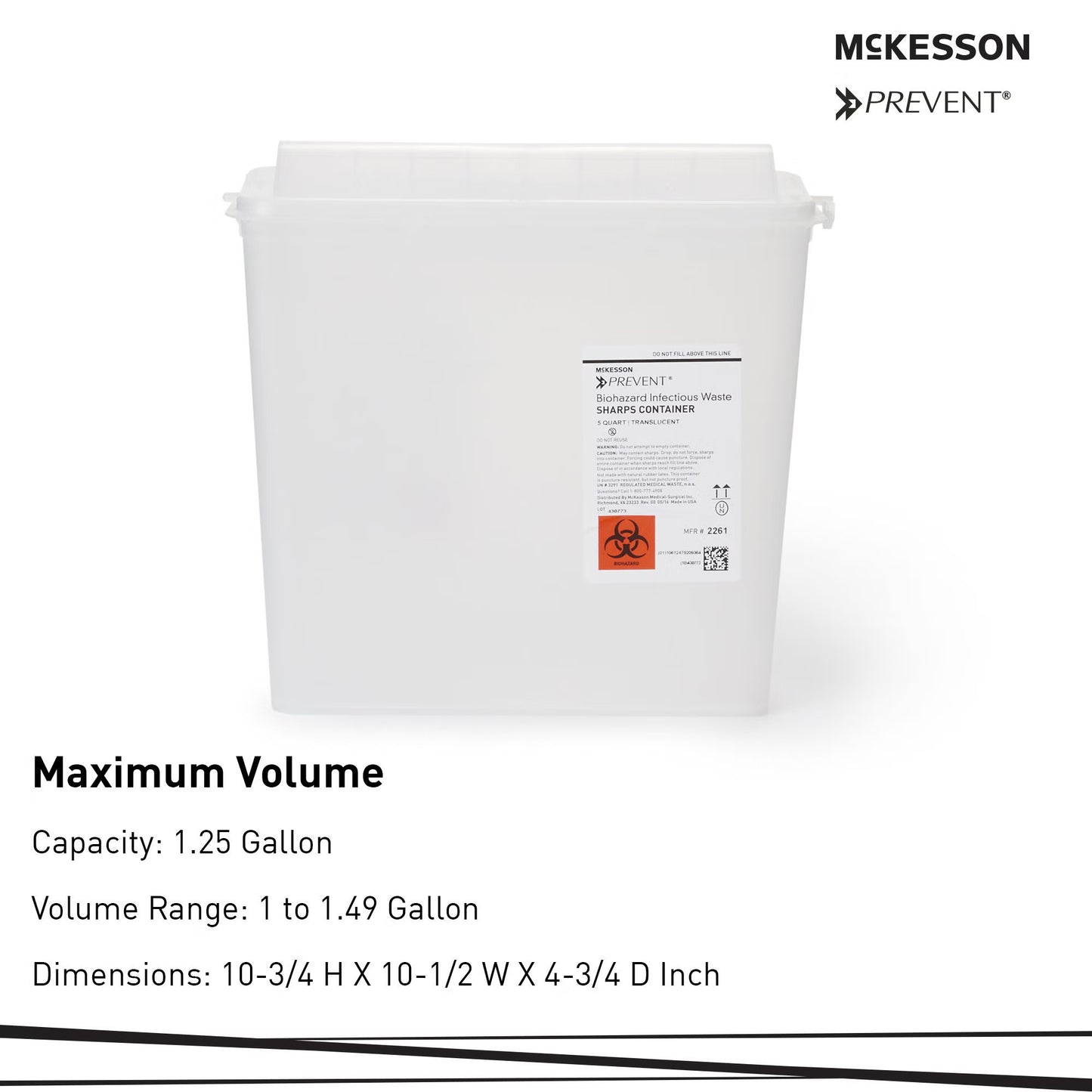 McKesson Prevent® Sharps Container, 1-1/4 Gallon, 10-3/4 x 10-1/2 x 4-3/4 Inch