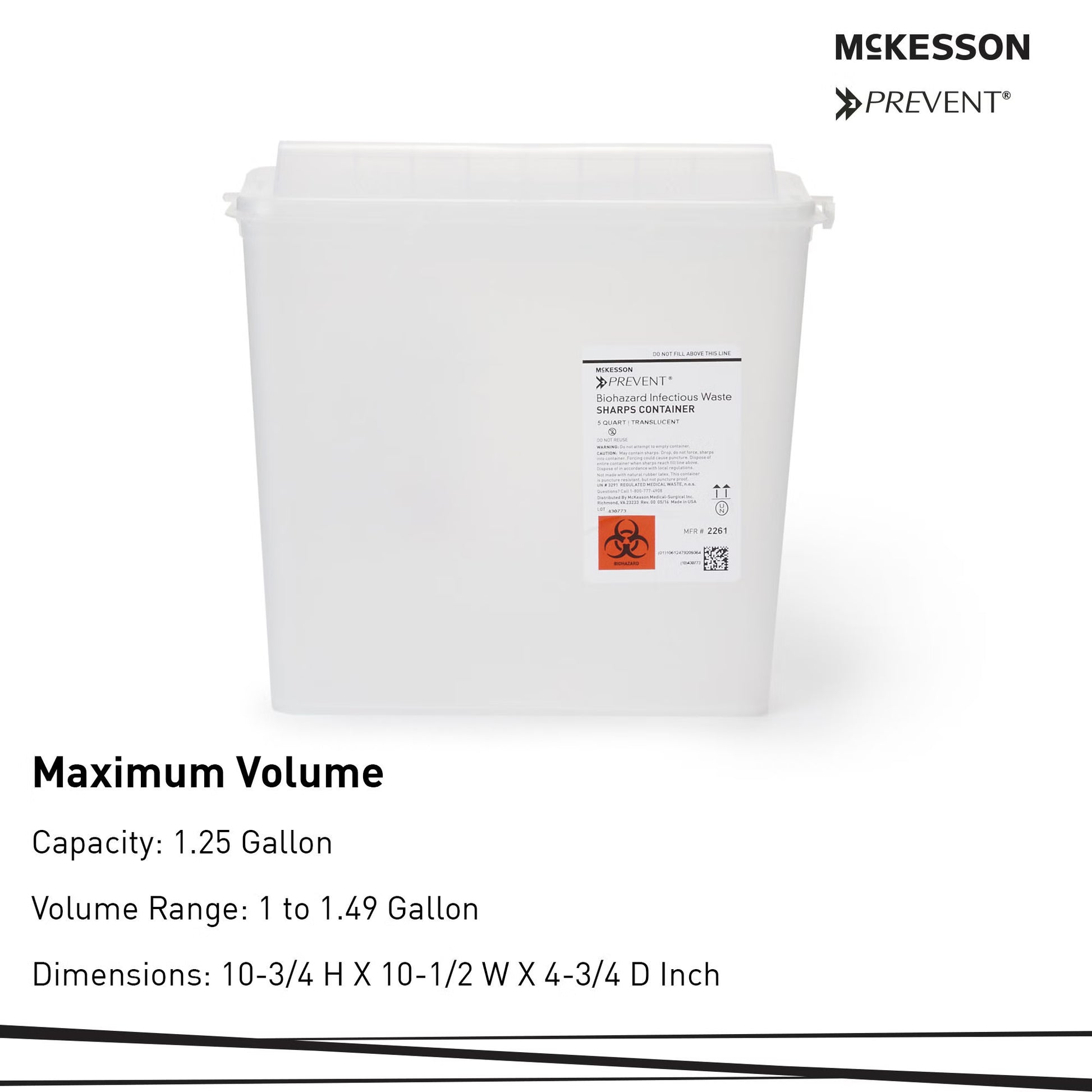 McKesson Prevent® Sharps Container, 1-1/4 Gallon, 10-3/4 x 10-1/2 x 4-3/4 Inch