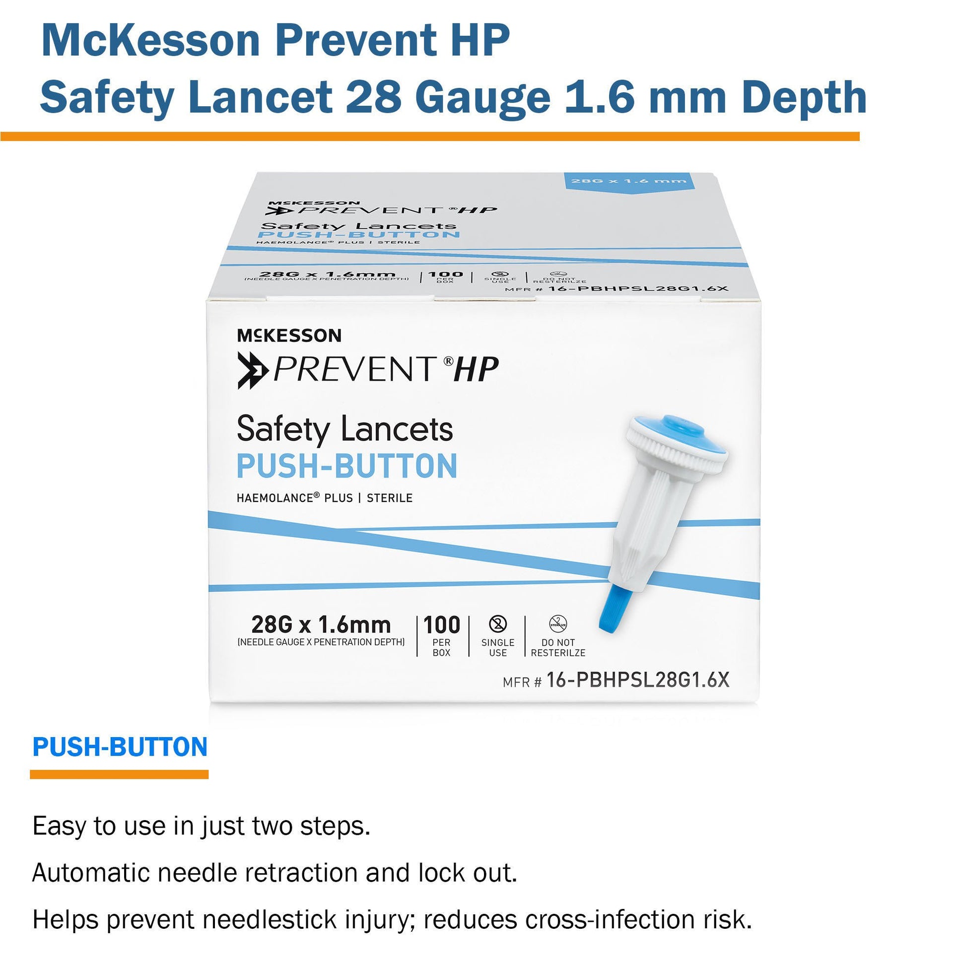 McKesson Prevent® HP Push Button Safety Lancet, 28 Gauge