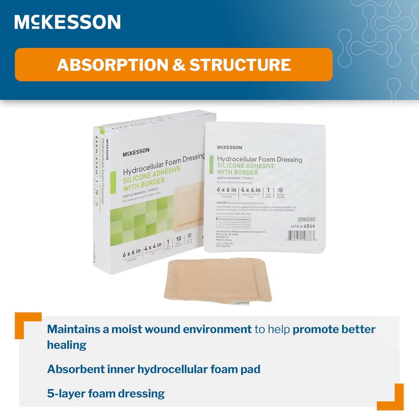 McKesson Silicone Adhesive with Border Silicone Foam Dressing, 6 x 6 Inch