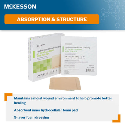 McKesson Silicone Adhesive with Border Silicone Foam Dressing, 6 x 6 Inch