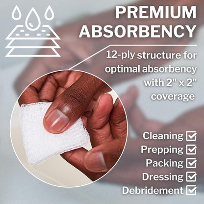 CareStock™ Gauze Sponge, 2 x 2 in. 12-Ply, Medical-Grade Cotton Wound Dressing